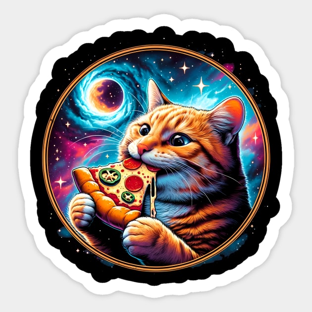 Funny Orange Cat eating Pizza in Space Sticker by logiamerch